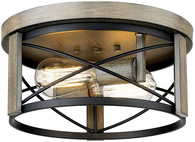 Osimir Modern Flush Mount Light Fixture, 2-Light 12-Inch Farmhouse Metal Cage Drum Ceiling Light Fixture in Wood and Black Finish, RE9175-2