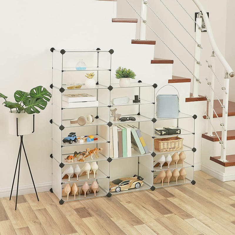 SONGMICS 8-Tier Shoe Rack, 32-Pair Plastic Shoe Clothes Storage Organizer Unit with Dividers, Ideal for Closet, Living Room and Corridor, 48.4 L X 12.2 W X 36.6 H Inches White ULPC501W