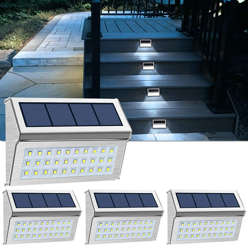 ROSHWEY Deck Lights Outdoor 30 LED Stainless Steel Fence Post Solar Lamps Waterproof Step Lighting for Walkway Stairs (Pack of 10, Cool White Light)