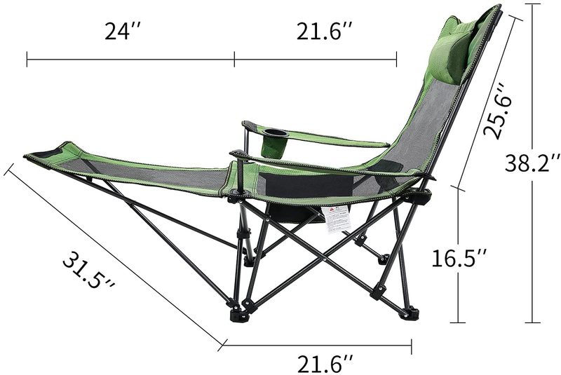 METKIIO Portable Camping Chair with Adult Detachable Footrest Mesh Folding Recliner, Can Sit and Lie Down, with Cup Holder and Storage Mesh Bag, Net Weight 9.5 Pounds, Heavy Support 330Lbs, Green