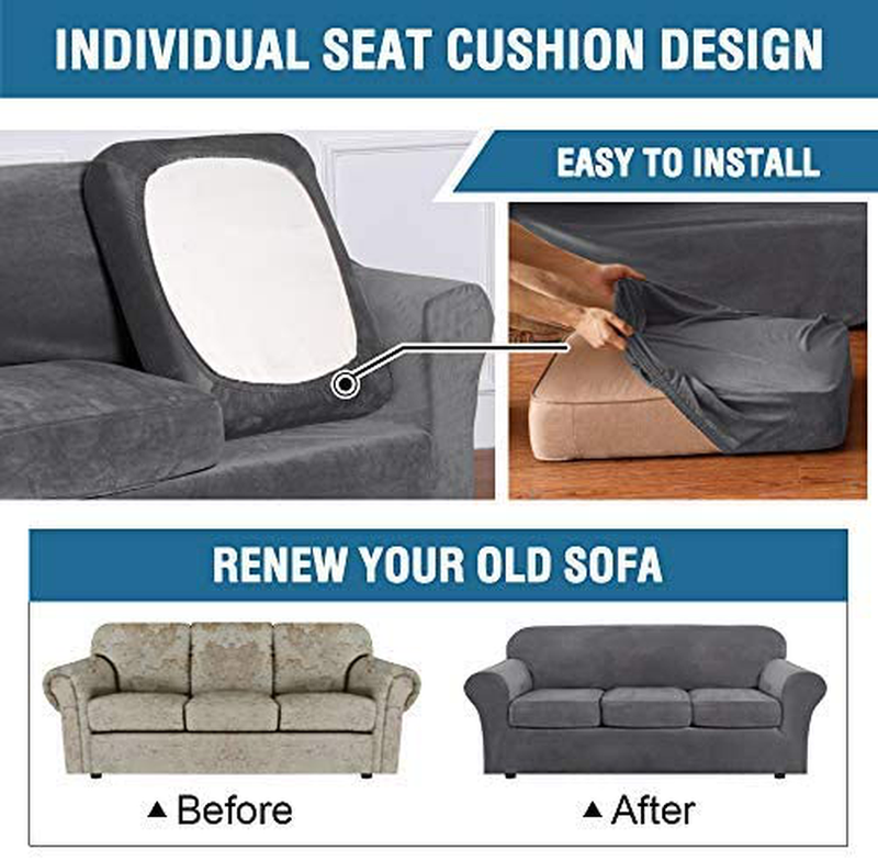 Modern Velvet Plush 4 Piece High Stretch Sofa Slipcover Strap Sofa Cover Furniture Protector Form Fit Luxury Thick Velvet Sofa Cover for 3 Cushion Couch, Machine Washable(Sofa,Gray)