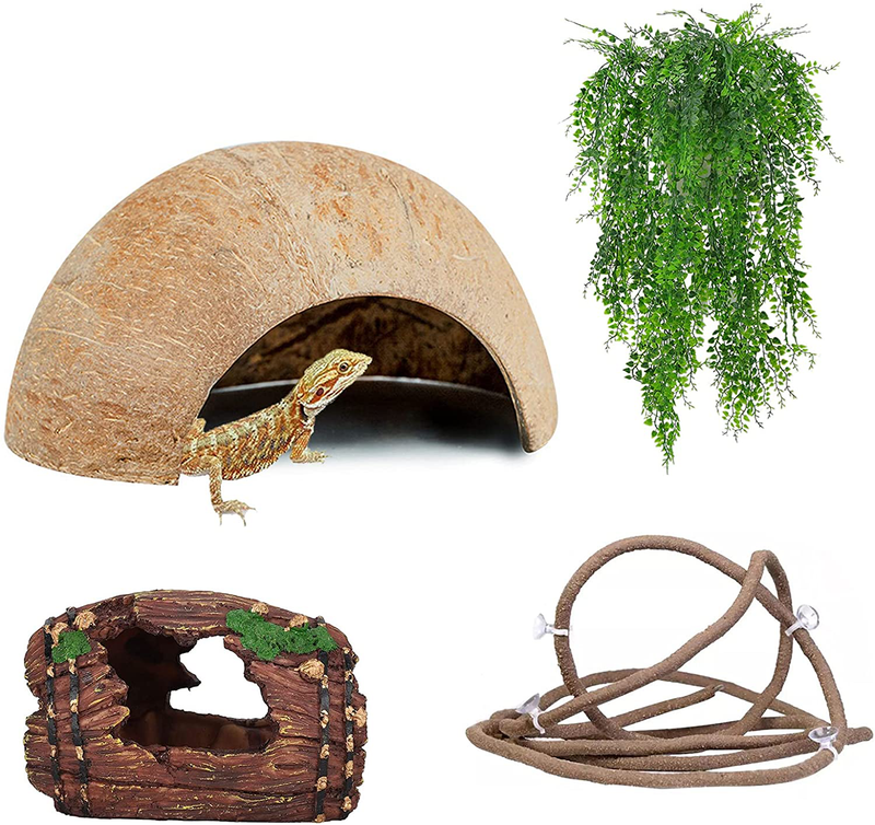 HERCOCCI Leopard Gecko Tank Accessories, Coconut Shell Hideout Cave Reptile Climbing Vine Habitat Decor with Hanging Reptile Plants for Chameleon Lizard Snake Hermit Crab