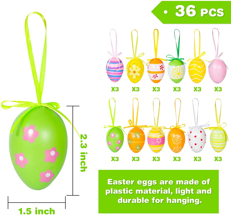 Garma 36 PCS Easter Hanging Plastic Eggs Colorful Easter Eggs Painted Ornaments with Bow, Easter Tree Ornaments Decor for DIY Crafts Party Favor Home Decor Easter Day Gifts (NOT Random Style)