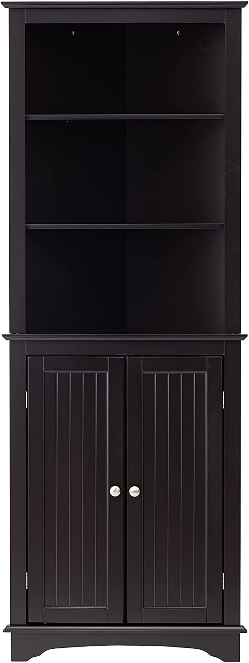 Spirich Home Tall Corner Cabinet with Two Doors and Three Tier Shelves, Free Standing Corner Storage Cabinet for Bathroom, Kitchen, Living Room or Bedroom, Espresso