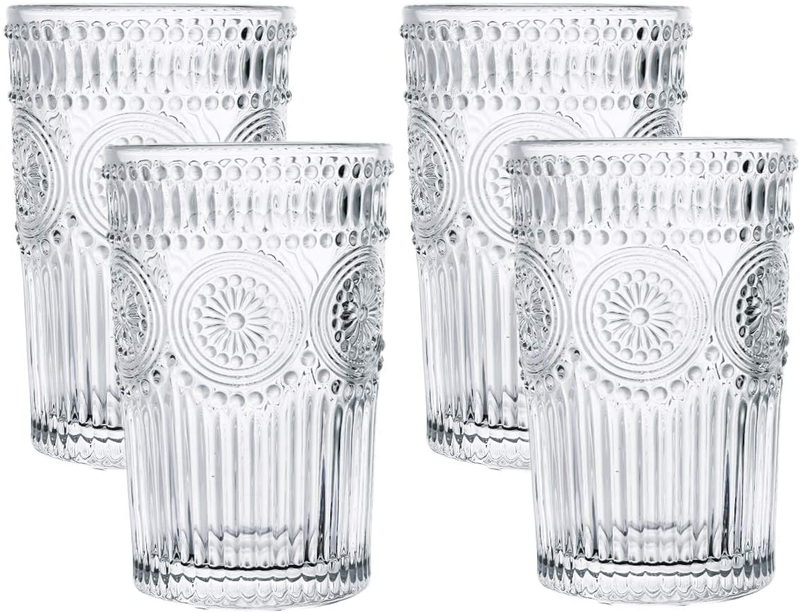 Kingrol 4 Pack 12.5 oz Romantic Water Glasses, Premium Drinking Glasses Tumblers, Vintage Glassware Set for Juice, Beverages, Beer, Cocktail