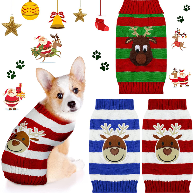 Frienda 3 Pieces Christmas Dog Sweater Soft Striped Pet Sweater Cute Reindeer Dog Sweater Turtleneck Pet Sweater Winter Warm Puppy Knitwear Cold Weather Pet Clothes for Dogs Puppy Kitten Cats