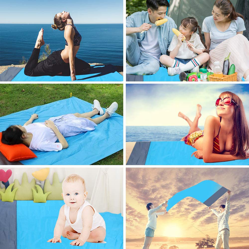 HIFUAR Sand Free Beach Blanket/Picnic Blanket-55'' x 78.7'' Family Size (3-5 Adults) -Quick Drying, Packable-Best Sand Proof Picnic Mat for Travel, Camping, Hiking and Music Festivals 4 Stakes