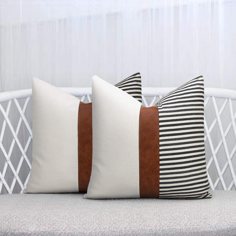cygnus 20x20 Pillow Covers Set of 2 Farmhouse Decor Stripe Patchwork Linen Throw Pillow Covers Modern Faux Leather Cushion Covers for Couch Sofa,Black
