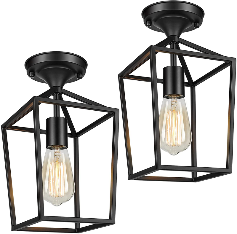 Farmhouse Semi Flush Mount Ceiling Light Fixtures for Hallway, Rustic Close to Ceiling Light for Entryway Kitchen Island, Industrial Black Ceiling Lighting for Foyer Dining Room Laundry Porch, 2 Packs