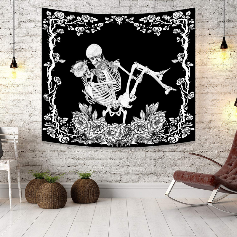 FEPITO Skull Tapestry Kissing Lovers Tapestry Funny Skeleton Tapestry Romantic Black and White Tapestry for Wall Bedroom Dorm Living Room Decor Haunted House Halloween Decorations 59 in X 51 in