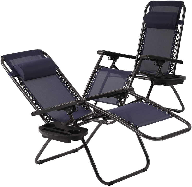 HCY Zero Gravity Chairs Outdoor Adjustable Recliner Chair Folding Lounge Patio Chairs with Cup Holder Pillows Set of 2 for Beach, Yard, Lawn, Camp (Blue)