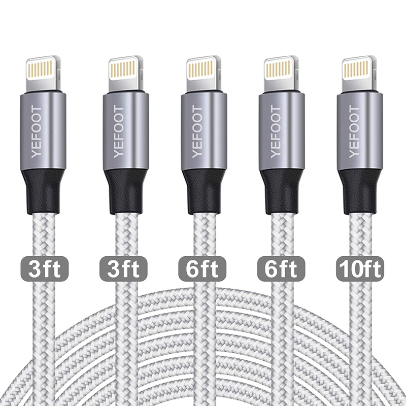 iPhone Charger [Apple MFi Certified] YEFOOT 5Pack(3/3/6/6/10FT) Compatible iPhone 12Pro Max/12Pro/12/11/Pro/Xs Max/X/8 and More-Silver&White