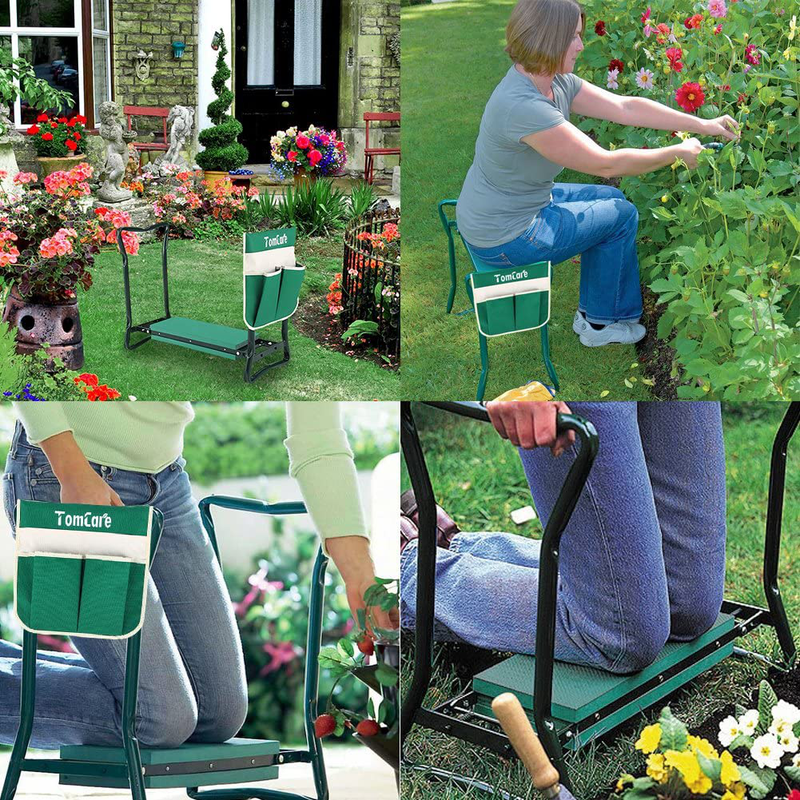 TomCare Garden Kneeler Seat Garden Bench Garden Stools Foldable Stool with Tool Bag Pouch EVA Foam Pad Outdoor Portable Kneeler for Gardening(Large-21.65" x 10.62" x 18.89",Green)