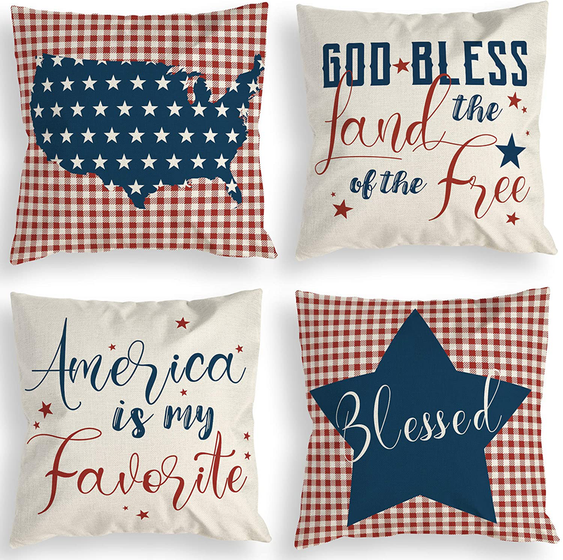Patriotic Pillow Covers 4th of July Independence Day American Map Stars Blessed Red and Blue Buffalo Check Quote Rustic Bedroom Decor Cushion Covers Linen Decorative Square Set of 4 18x18 inch