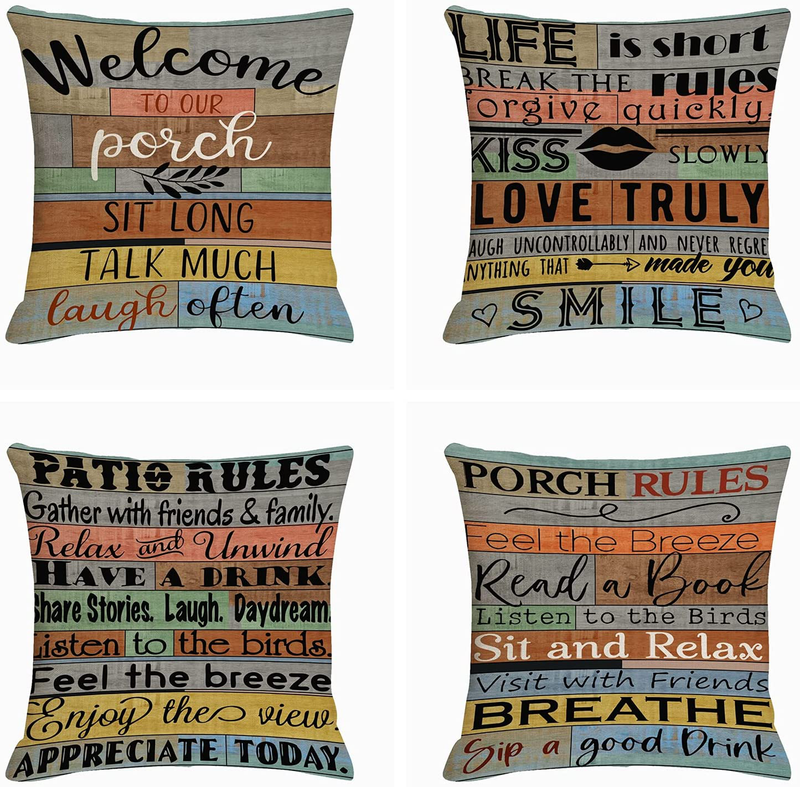 Jartinle Decorative Pillow Covers Porch Rules Sign Outdoor Farmhouse Throw Pillow Covers, Square Linen Patio Cushion Cases for Couch Bench Seat Chair Car 18X18 Inch (2)