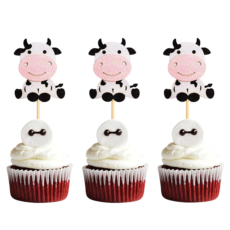 Keaziu 24 Pack Cow Cupcake Toppers Happy Birthday Cupcake Decorations for Cow Farm Animal Zoo Themed Kids Boy Girl Birthday Party Supplies Three Layers Party Decor