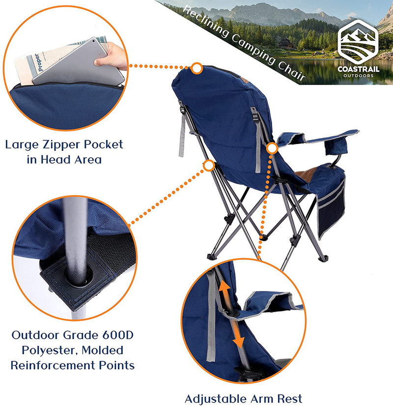 Coastrail Outdoor Reclining Camping Chair 3 Position Folding Lawn Chair for Adults Padded Comfort Camp Chair with Cup Holders, Head Bag and Side Pockets, Supports 350Lbs, Blue&Brown