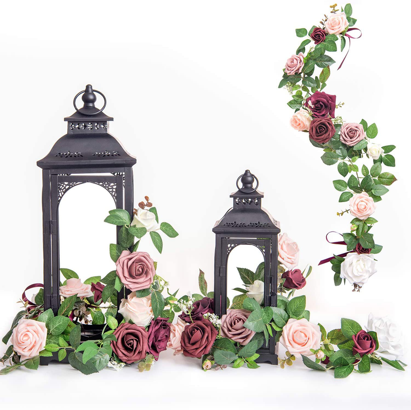 Ling's moment Handcrafted Rose Flower Garland Floral Arrangements Pack of 6 for Lanterns Wedding Table Centerpieces Floral Runner Wreath Decorations (Burgundy +Blush)