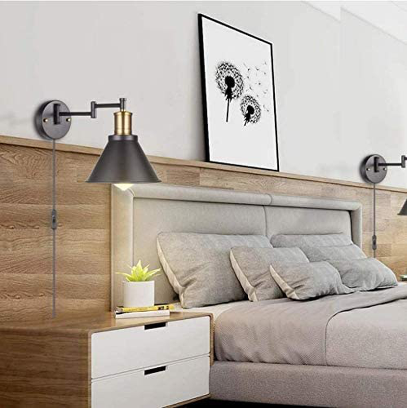 Swing Arm Wall Lights Fixtures with Plug in Cord Wall Sconce with Switch, Black and Bronze Finsh, Wall Mounted Industrial Lamp for Bedroom, Living Room (2-Pack)