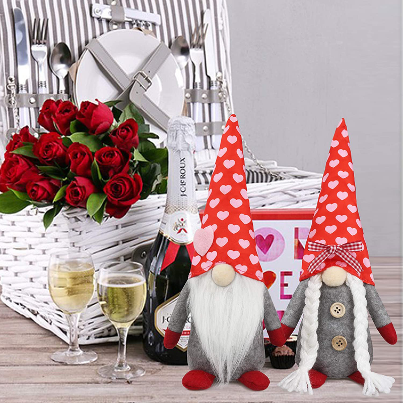 Partyprops 2Pcs Valentines Gnomes Plush Decorations - Valentines Day Mr & Mrs Handmade Swedish Tomte Decor - Valentines Home Table Elf Gnomes Decor Ornaments -Sweet Valentines Gift - 11Inch