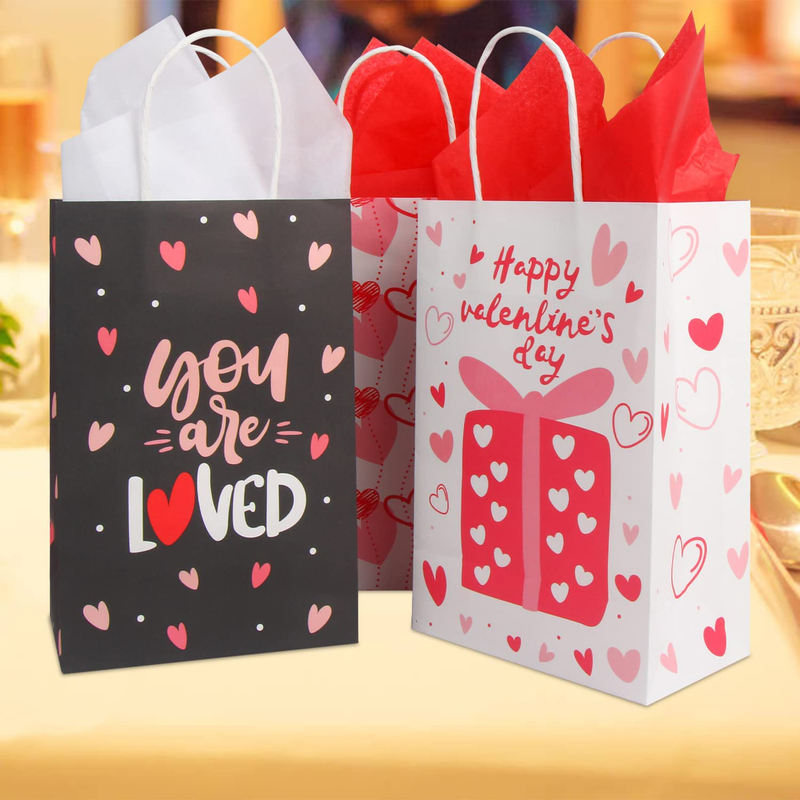 DIYASY Valentine'S Day Paper Gift Bags with Tissue Paper,24 Pack Red Pink Heart Love Candy Present Bags with Handle for Wedding and Valentine Party Favors Gift Wrapping Supply