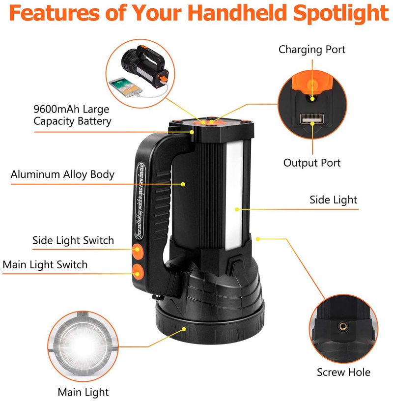 Super Bright LED Handheld Spotlight Tactical Flashlight Rechargeable 9600mAh 6000 Lumens CREE Bulb with USB Power Output Function Torchlight 6 Lights Modes Spot Light Waterproof Side Floodlight