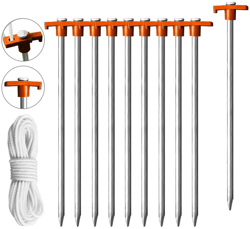 Eurmax USA Galvanized Non-Rust Outdoor Camping Family Tent Pop up Canopy Stakes 10Pc-Pack, with 4X10Ft Ropes & 1 Orange Stopper