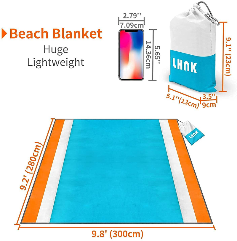 LHNK Beach Blanket Sandproof – 10' x 9' Oversized & Lightweight Picnic Blanket, Quick Drying Outdoor Blanket for Travel / Hiking / Camping – Beach Mats Sand Free Waterproof with Pouch and 4 Anchors