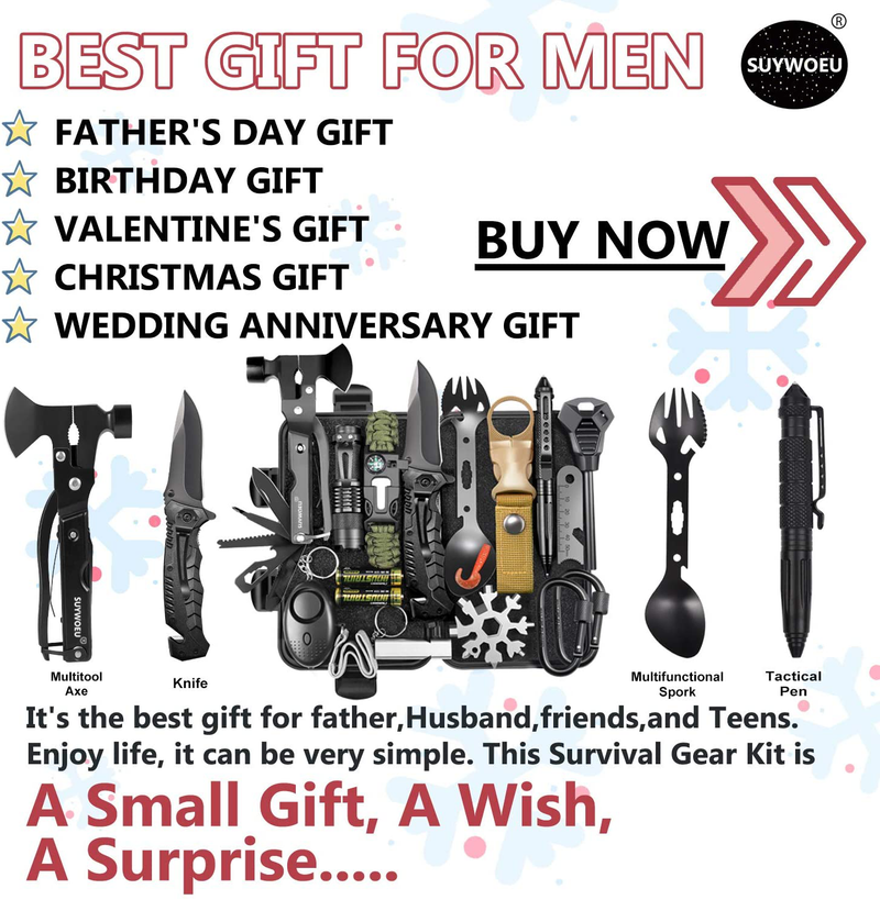 Gifts for Men Dad Husband Fathers Day, Survival Gear and Equipment Kit 21 in 1, Professional Cool Gadgets Stuff Tactical Tool, Gift Ideas for Him Teenage Boy Emergency Hunting Outdoors Camping Hiking