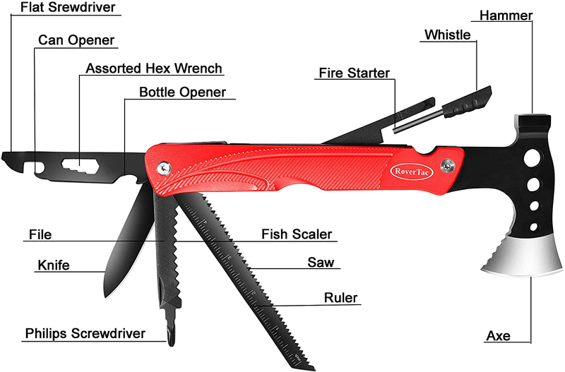 Rovertac Camping Hatchet Multitool Axe Survival Tool Christmas Gifts for Men 14 in 1 Multi Tool Axe Hammer Knife Saw Screwdrivers Bottle Opener Fire Starter Whistle for Camping Survival Hiking Fishing