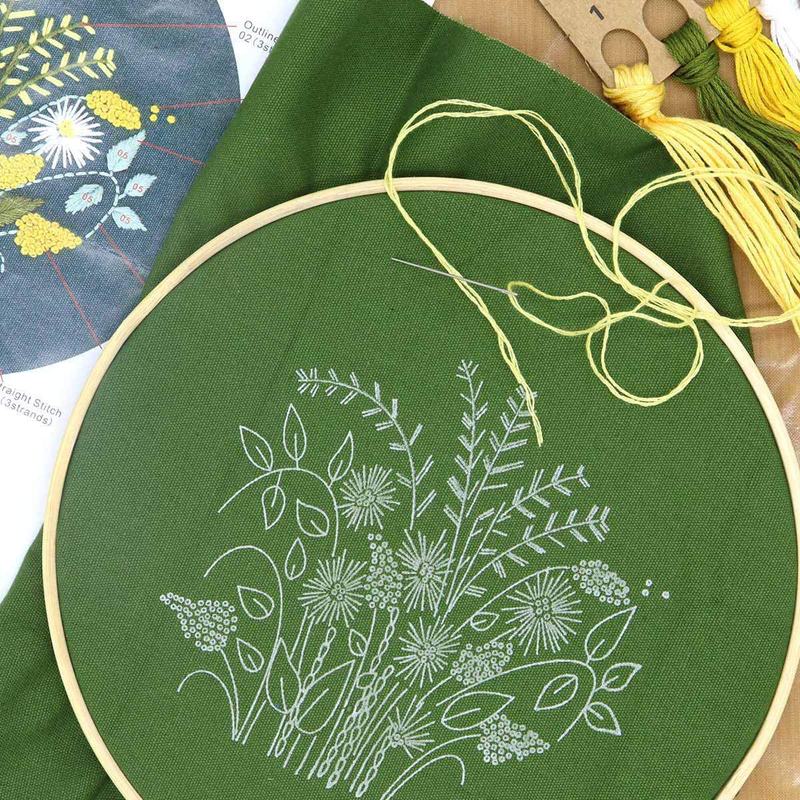 JUSHOOR 3 Sets Embroidery Starter Kit with Patterns, Full Range of Cross Stitch Kit Supplies for Beginners Adults Kids(Bamboo Hoop+Cloth+Tools)