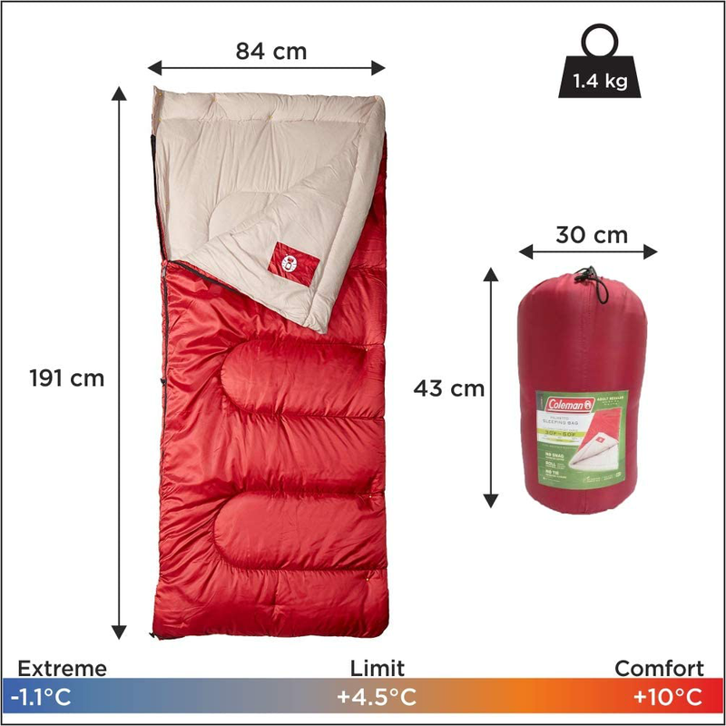 Coleman Sleeping Bag | 30°F Palmetto Sleeping Bag | Cool Weather Sleeping Bag , Red