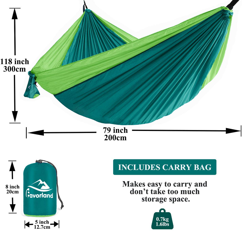 Favorland Camping Hammock Double & Single with Tree Straps for Hiking, Backpacking, Travel, Beach, Yard - 2 Persons Outdoor Indoor Lightweight & Portable with Straps & Steel Carabiners Nylon (Green)
