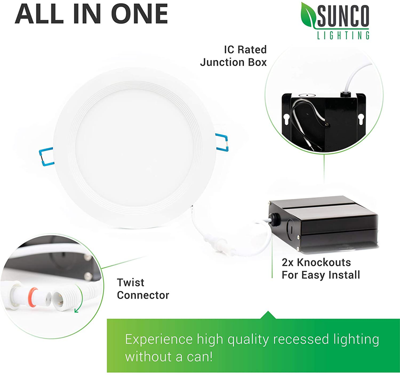 Sunco Lighting 16 Pack 6 Inch Slim LED Downlight, Baffle Trim, Junction Box, 14W=100W, 850 LM, Dimmable, 6000K Daylight Deluxe, Recessed Jbox Fixture, IC Rated, Retrofit - ETL