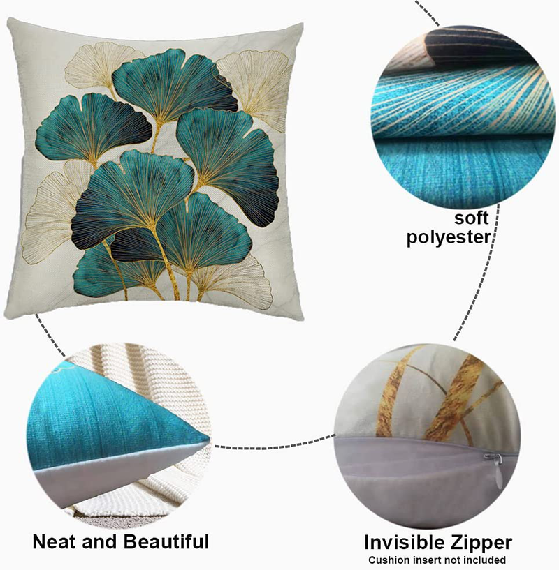 Throw Pillow Cover Plant Leaves - 18 X 18 Inch Teal Gold Pillow Cushion Cover - Set of 2 Square Hidden Zipper Cushion Case, Great for Sofa, Bedroom, Yard, Living Room Decor (Teal and Gold, 18"X18")