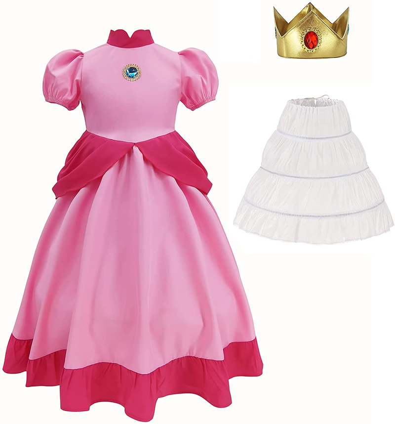 Super Brothers Princess Peach Costume With Crown For Kids Girls Halloween Party Dress Up