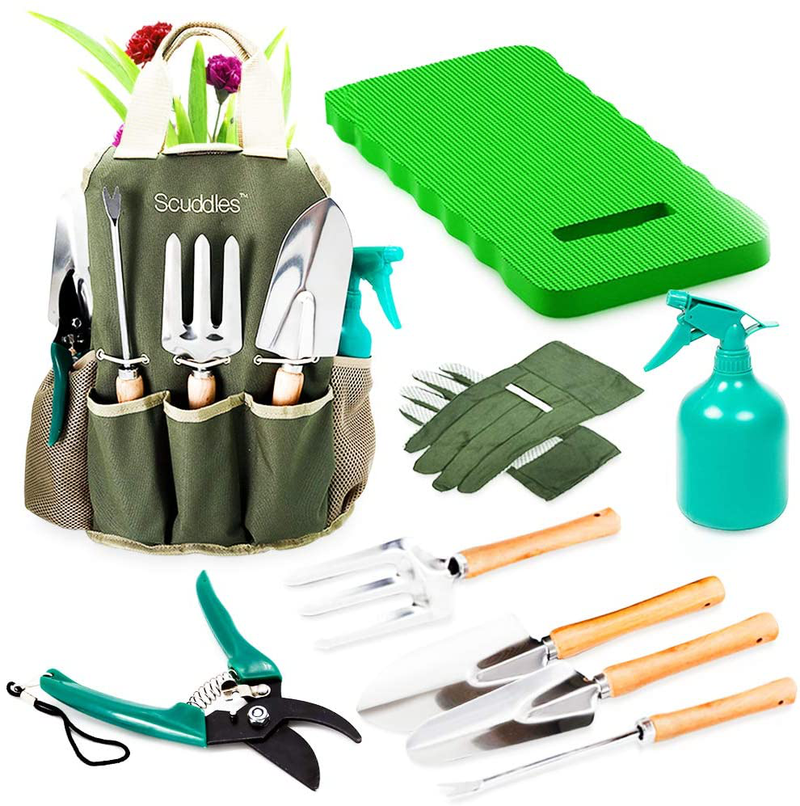 Scuddles Garden Tools Set - 8 Piece Heavy Duty Gardening Kit with Storage Organizer, Ergonomic Hand Digging Weeder Rake Shovel Trowel Sprayer Gloves Gift for Men Or Women