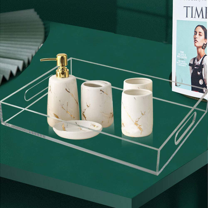 Tasybox Clear Serving Tray, Acrylic Decorative Serving Trays with Handles for Kitchen Dining Room Table Ottoman Vanity Countertop 16" x 12"