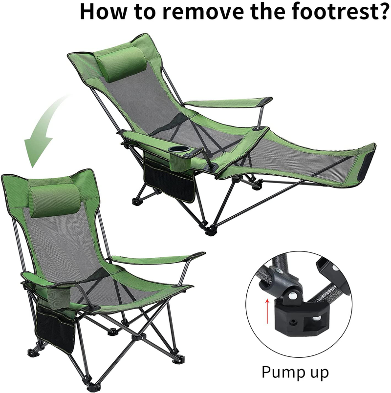 METKIIO Portable Camping Chair with Adult Detachable Footrest Mesh Folding Recliner, Can Sit and Lie Down, with Cup Holder and Storage Mesh Bag, Net Weight 9.5 Pounds, Heavy Support 330Lbs, Green