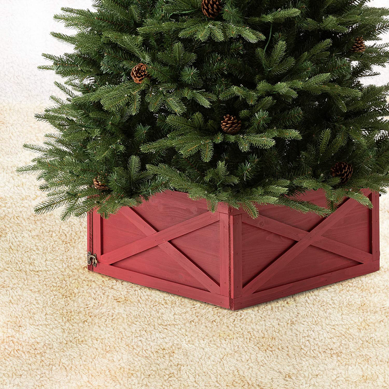 Glitzhome Wooden Box Collar Stand Cover Christmas Tree Skirt, 22" L, Red