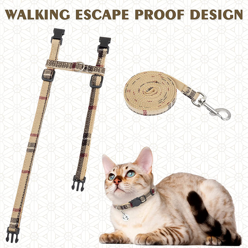 KOOLTAIL Cat Harness with Leash and Collar Set - Escape Proof Adjustable Plaid H-Shaped Cat Vest Harness with Leash and Breakaway Collar for Cats Small Dogs Outdoor Walking