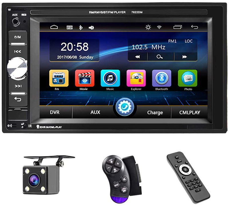 UNITOPSCI Car Multimedia Player Double Din, Bluetooth Audio and Calling, 6.2 Inch LCD Touchscreen Monitor, MP5 Player, WMA, USB, SD, Auxiliary Input, FM Radio Receiver, Rear View Backup Camera