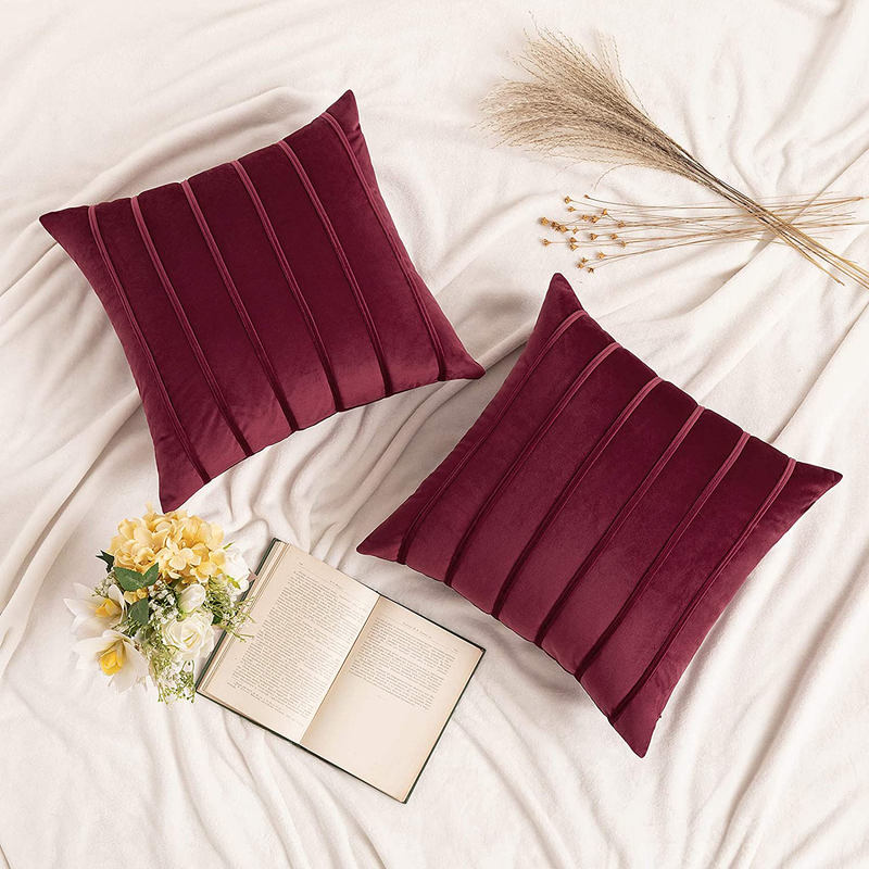MIULEE Decorative Velvet Throw Pillow Covers Soft Solid Pillowcases Striped Lumbar Square Cushion Covers for Couch Sofa Bed Living Room 18X18 Inch, Pack of 2, Wine Red