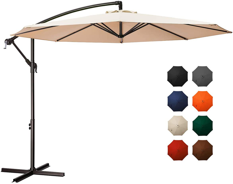 MEWAY 10ft Outdoor Umbrella Backyard Umbrella Deck Umbrella Cantilever Patio Offset Umbrella with Crank & Cross Base, Easy to Instal (10ft, Beige)