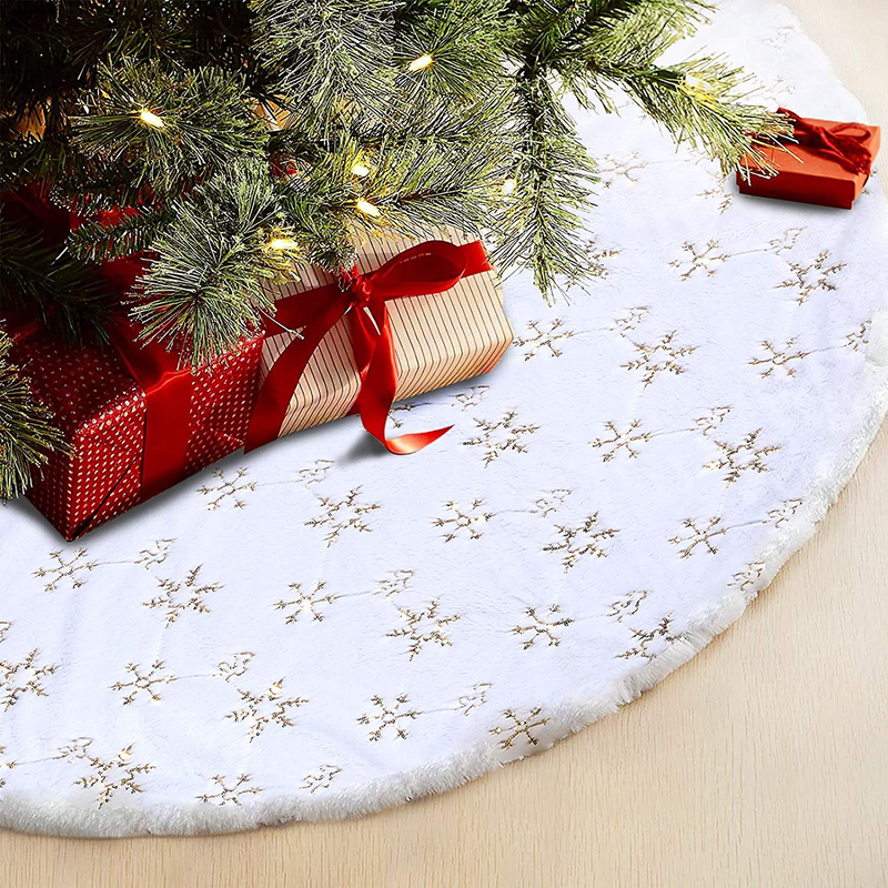 Christmas Tree Skirt - 48 Inches Large Snowy White Faux Fur Tree Skirt with Golden Snowy Pattern for Christmas Decorations Indoor Outdoor