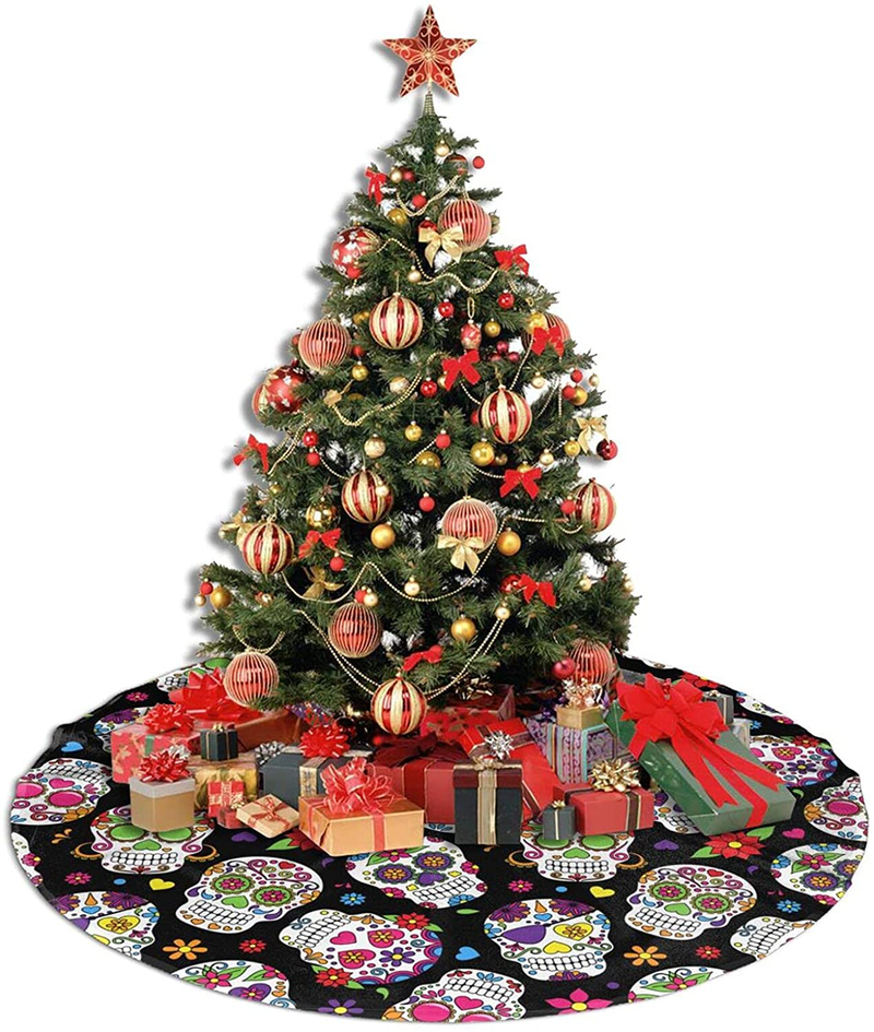 Day of The Dead Sugar Skull Black Tree Skirt Christmas Decorations, Elegant Xmas Tree Mat 36 Inch for Farmhouse Holiday and Party Decor