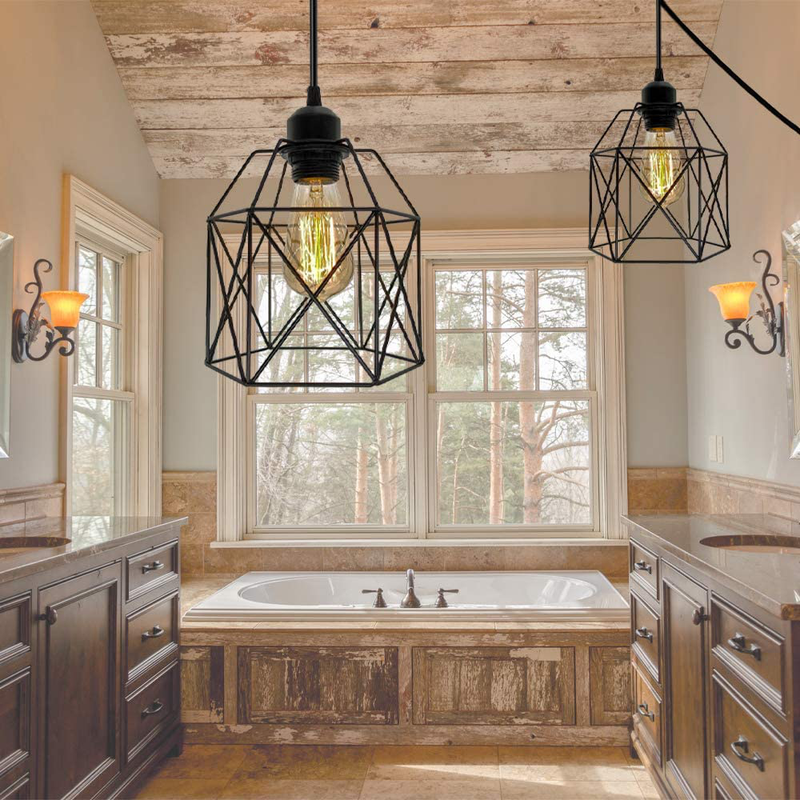 Industrial Plug in Pendant Light, Black Cage Pendant Light Fixture with On/Off Switch, E26 Socket Vintage Hanging Light, Farmhouse Pendant Lighting for Kitchen Living Room Dining Room