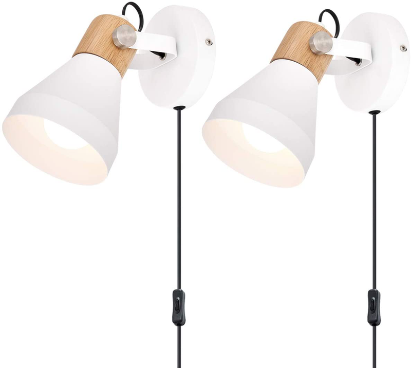 Plug in Wall Lamps Set of 2, Matte White Rotatable Wooden Wall Light with On-Off Switch Cord for Bedroom,Living Room,Reading