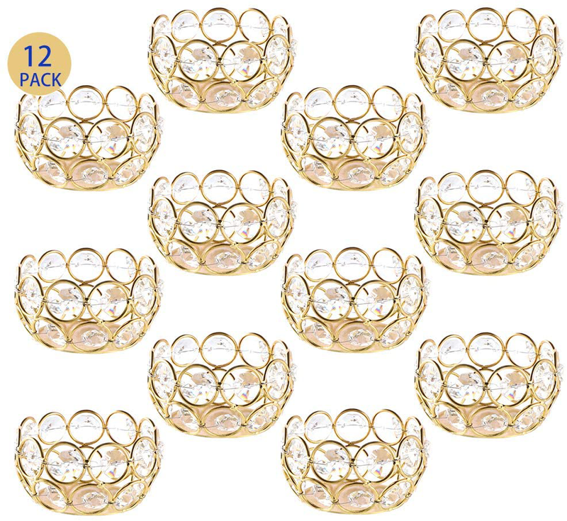 DUOBEIER 12pcs Gold Votive Candle Holders -Round Gold Crystal Tea Light Candle Holder Bulk - Ideal for Wedding, Party & Home Decor