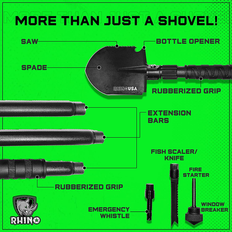 Rhino USA Survival Shovel W/Pick - Heavy Duty Carbon Steel Military Style Entrenching Tool for off Road, Camping, Gardening, Beach, Digging Dirt, Sand, Mud & Snow. (Survival Shovel)